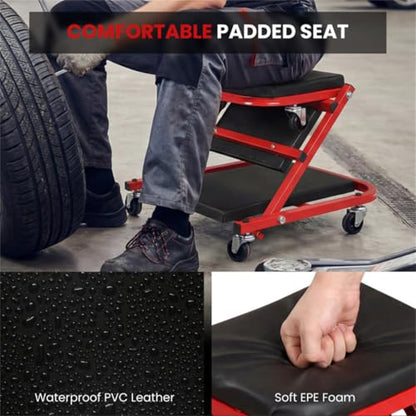 Folding Mechanic Creeper Stool, Heavy Duty Padded Seat for Garage Workshop, Low Profile Auto Repair Rolling Seat with Tool Tray, Shop Stool Workshop Seat Car Repair Creeper Under Car Creeper