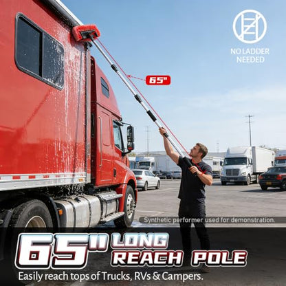65" Car Wash Brush with Long Handle, Red Exterior Car Cleaning Brush with Hose Attachment, Soft Bristle Scrub Brush for Truck, RV, Camper Roof & Solar Panel, Extendable Aluminum Pole (Red) - color: Red