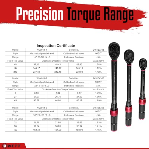 WETT 3Pcs Torque Wrench Set, 1/4'' & 3/8'' & 1/2'' Drive Click Torque Wrench, Dual-Direction Adjustable Reversible 72-Tooth Ratchet Handle, 20-240IN.LB, 5-45FT.LB, 20-160FT.LB - size: 1/4 & 3/8 & 1/2-inch Drive