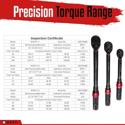 WETT 3Pcs Torque Wrench Set, 1/4'' & 3/8'' & 1/2'' Drive Click Torque Wrench, Dual-Direction Adjustable Reversible 72-Tooth Ratchet Handle, 20-240IN.LB, 5-45FT.LB, 20-160FT.LB - size: 1/4 & 3/8 & 1/2-inch Drive