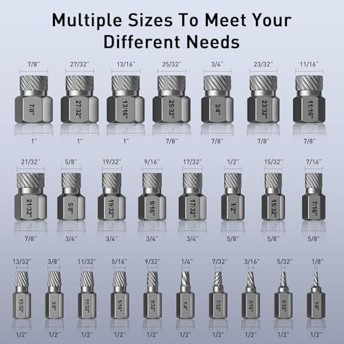 Screw Extractor Set, 25 Piece Easy Out Bolt Extractor Set, Multispline Screw and Hex Head, for Removing Broken Studs, Bolts, Screws, 1/8 Inch to 7/8 Inch in 1/32-Inch Increment, Tools Gifts for Men