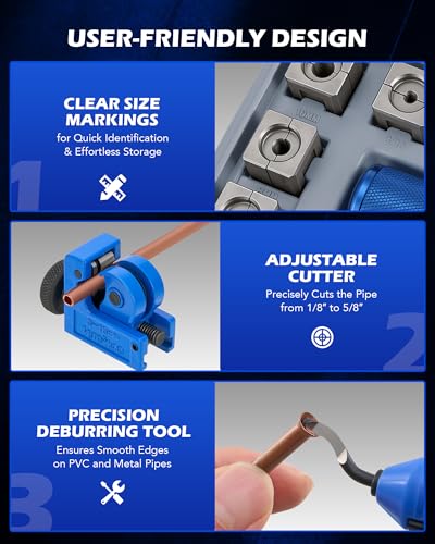 OMT Hydraulic Flaring Tool Kit, Brake Line Flaring Tool with Cutter | 45-Degree Single & Double Flaring Dies for 3/16-1/2in & ISO 4.75-10mm, Tubing Cutter, Deburring Tool, 42CrMo Steel Yoke