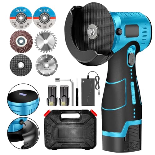 ZFULVO Brushless Cordless Angle Grinder Kit, 19500rpm Mini Electric Angle Grinding Tool with 2x16.8V 2000mAh Battery and 6-Cutting Discs, Grinder Handheld Cutter for Metal Wood - color: Brushless Blue