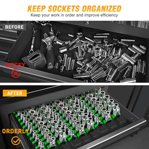 GOOACC Socket Organizer ABS Socket Holder Set 1/4" 3/8" 1/2" Drive Socket Rail Holders Stores up 129 Clips Impact Sockets Organizers Rails for Tool Box Drawer, 9 Piece Green - size: Clip Rail 9PC 1/4"3/8"1/2" Green