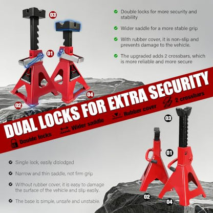 YATOINTO 3 Ton Jack Stands with 2 Crossbars & Double Locking for Car,2-Pack | 11.18"-17.04" 6 Level Adjustable,3MM Rubber Pads Prevent Scratches,Heavy Duty Steel,Red，Trucks,Home,Garage,SUV,UTV/ATV,DIY - color: Red, size: 3 Ton Large Rubber Pads with Cross