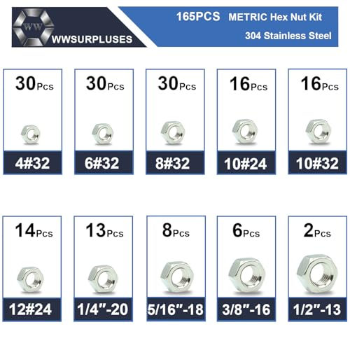 165 Pcs SAE Hex Nuts Kit, 4#40 6#32 8#32 10#24 10#32 1/4 5/16 3/8 1/2 | 304 Stainless Steel, Standard Inch Coarse Thread, Hardware Nuts - size: SAE (165Pcs)