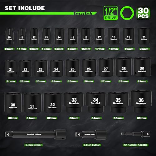 TecoTek 30 Pieces 1/2-Inch Drive Shallow Metric Impact Socket Set, Cr-Mo, 10mm to 36mm, No Skipped Sizes, 6 Point, Includes Extension Bars, Drill Socket Adapter 1/2" - size: 1/2" Dr. 30pcs Shallow Impact Socket