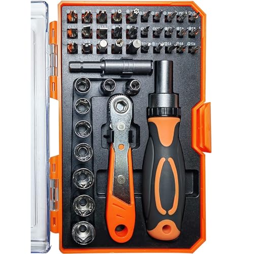 TOOLMAK 42 in 1 Ratcheting Screwdriver Set, Ratchet Wrench | Cr-V Steel, Rotatable Ratchet Handles ＆ Storage Case, Household Repair Tool Kits for Bike - style: 42pcs Ratchet Screwdriver
