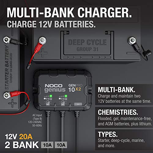 NOCO Genius GENPRO10X2: 2-Bank, 20A Onboard Battery Charger-10A Per Bank, 12V Waterproof Marine Charger,Temperature Compensation for Lead-Acid & Lithium Batteries(Pack of 2) - size: 20A (10A per Bank) (Pack of 2)