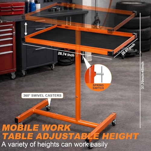 A A IN Mechanics Rolling Work Table, Adjustable Mobile Tray Table for Shop, Garage, DIY. Tool Tray Cable with Wheels. 220 lb. Capacity, Orange | Adjust Height 37.7-45 in, Heavy-Duty Big Tray Tool Table with Rubber Pad, Smooth mobility, for repair shops, D