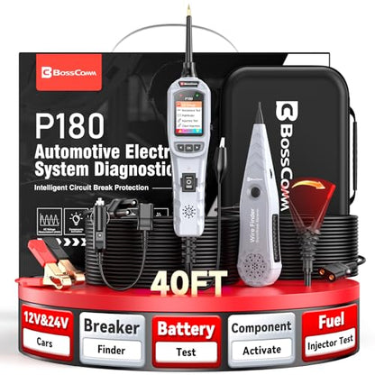 2026 BOSSCOMM P180 Automotive Probe Tester | 9-30V Power Probe, Wire Tracer, AC/DC Voltage/Diode/Resistance/Relay/Fuse Test, Battery/Fuel Injector Tester, 40FT Cable