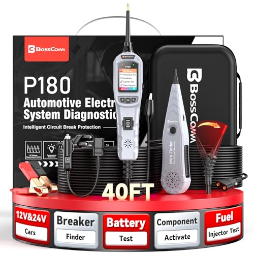 2026 BOSSCOMM P180 Automotive Probe Tester | 9-30V Power Probe, Wire Tracer, AC/DC Voltage/Diode/Resistance/Relay/Fuse Test, Battery/Fuel Injector Tester, 40FT Cable