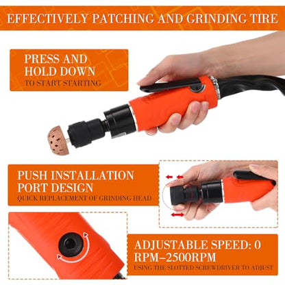 Air Tire Repair Polish Patch Tools Tire Repair Set Include 2500rpm Low Speed Air Tire Buffer Tire Inner Liner Scrapper Patch Roller 3pcs Tungsten Steel Buffing Wheel 42mm 55mm