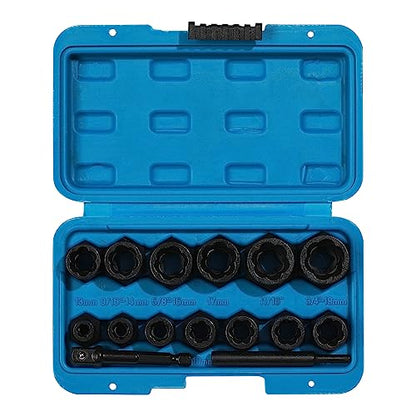 MIXPOWER 13-Piece 3/8-inch Impact Bolt & Nut Remover Set, Nut Extractor Socket, Bolt Remover Tool Set with Hex Adapter, Metric and SAE