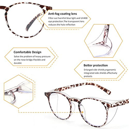 2 Pairs Anti Fog Safety Goggles Protective Glasses Blue Light Blocking Eyeglasses for Men Women - color: Round Tortoise+transparent