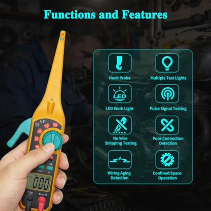 Automotive Circuit Tester with Hook Probe, 4-in-1 Digital Multimeter Auto Electrical Tester DC/AC Aging Voltage Resistance Continuity Battery Diode Tester with Screen for Car Truck Repair