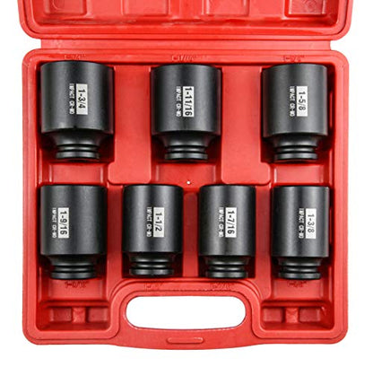 7Pcs 1/2" Drive Deep 6-Point Impact Socket Set/Spindle Nut Impact Socket Set, Inch, Cr-Mo,1-3/8-Inch - 1-3/4-Inch - size: 7PC