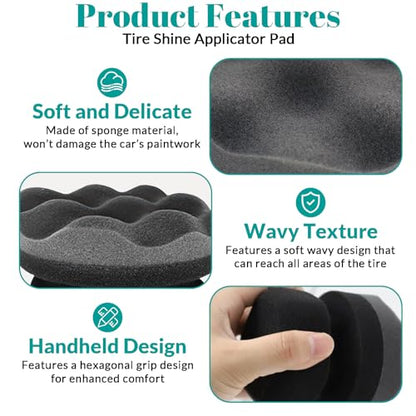 3 Pack Polishes Pro Tire Shine Applicator - Hex Grip Tire Dressing Applicator Pad for Car Detailing - Ergonomic Wave Texture Foam Sponge for Tire Wax Gel Gloss - Mess-Free Wheel Cleaning Tools