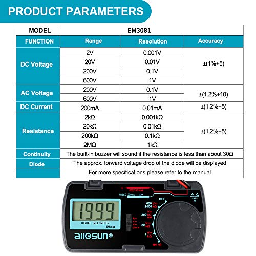 allsun Manual Range Mini Digital Multimeter 6 Functions Handheld Folding Voltmeter 3-1 2 Digit Pocket DMM DC/AC DC Ammeter Ohm Continuity Diode Tone Tester EM3081