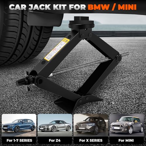 3-Ton Scissor Jack Kit for BMW & MINI with Rubber Jack Pads, Car Spare Tire Repair Tool Kit for BMW with Scissor Jack, Tire Changing Tools for BMW with Telescoping Lug Wrench (17/19/21/23mm)