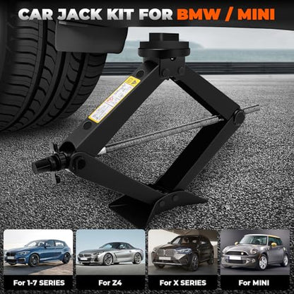 3-Ton Scissor Jack Kit for BMW & MINI with Rubber Jack Pads, Car Spare Tire Repair Tool Kit for BMW with Scissor Jack, Tire Changing Tools for BMW with Telescoping Lug Wrench (17/19/21/23mm)