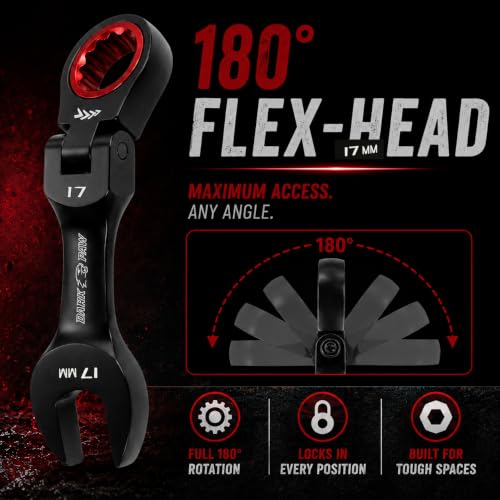 16PCS Stubby Flex Head Ratcheting Wrench Set, SAE & Metric Combination Gear Wrenches, 72-Tooth Short Handle Ratchet Spanner Set for Tight Spaces, Auto Repair & Garage Maintenance, 8-17mm & 5/16"-3/4"