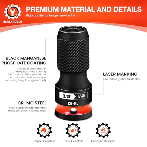 BLACKROBOT 2PCS Quick Release Impact Bit Holders 3/8-Inch Square Drive to 1/4-Inch Hex Socket Adapter, CR-MO Steel, Red - size: 3/8 Impact Bit Holder-2