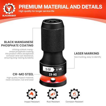 BLACKROBOT 2PCS Quick Release Impact Bit Holders 3/8-Inch Square Drive to 1/4-Inch Hex Socket Adapter, CR-MO Steel, Red - size: 3/8 Impact Bit Holder-2