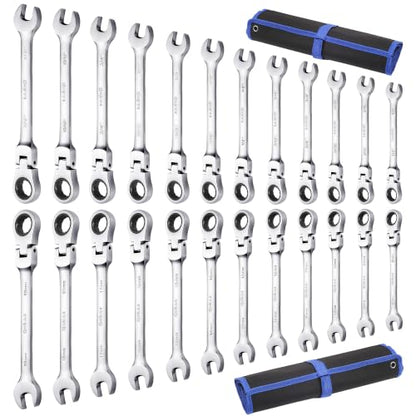 Qnkaa Flexible Ratcheting Wrench Set 24pcs Metric 8-19mm & SAE 1/4” to 7/8“ Inch Flex-Head Spanner Gear Ring Ratchet Combination Wrenches Kit with Pouches