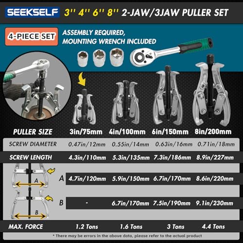 3" 4" 6" 8" Gear Puller Set, 2-Jaw/3-Jaw Bearing Puller Kit with Ratchet Wrench, Heavy Duty Pulling Tool, Reversible Jaw for Internal External Flywheel Gear Pulley Bearing Rotor Removal