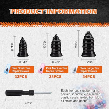 108 Pcs Tire Screw Plug Repair Kit, Tire Repair Screws with Tire Glue, Tire Repair Rubber Nail, Fast Self-Service Screw Tire Plug Kit for Tires, Car, Truck, Motorcycle, Tractor Puncture Repair