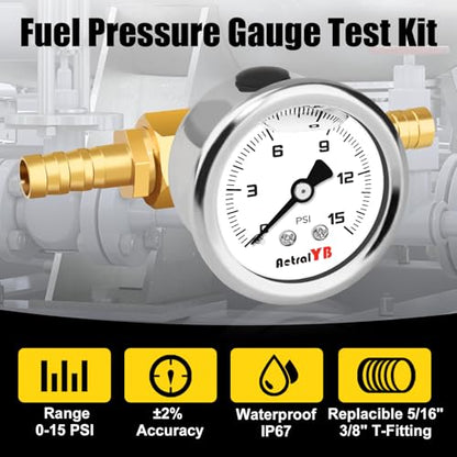 0-15Psi Fuel Pressure Test Kit,1-1/2" Dial Size,Glycerin Filled,with 1/8" NPT Pressure Gauge, Inline Fuel Pressure Regulator with Gauge for Car,with 3/8'' 5/16'' Barb Mounting Connection - size: 0-15PSI(White), style: T -Fitting Mount (11PCS Kit)