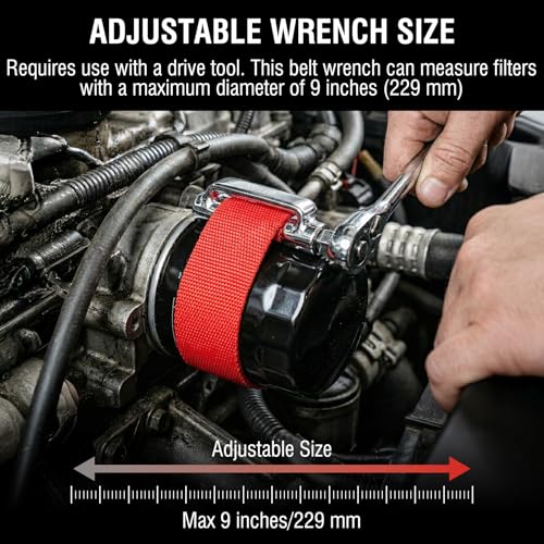 Heavy-duty oil filter wrench, Oil filter removal tool, 3/8 & 1/2 in Drive | Fits filters up to 9 in (229 mm), with a flexible nylon strap for narrow engine bays and tight service spaces