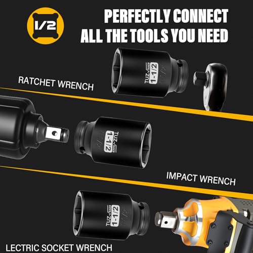 1/2 Inch Drive 1-1/2 Inch Deep SAE 6 Point CR-MO Impact Socket | Radius Corner Design,Square Chamfered Opening,Axle Nut Impact Grade Socket for Easy Removal - size: 1/2” Drive 1-1/2 Deep, style: 1/2" Drive Deep Socket