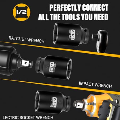 1/2 Inch Drive 1-1/2 Inch Deep SAE 6 Point CR-MO Impact Socket | Radius Corner Design,Square Chamfered Opening,Axle Nut Impact Grade Socket for Easy Removal - size: 1/2” Drive 1-1/2 Deep, style: 1/2" Drive Deep Socket