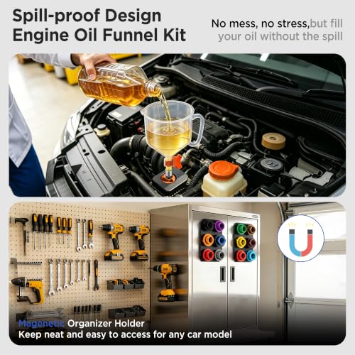 2.38QT/2.25L Engine Oil Funnel Kit Spill-Proof Oil Change Kit with Flow Control Valve,2 Magnetic Organizer,2 45° Elbows,12 Adapters Compatible with Most Cars