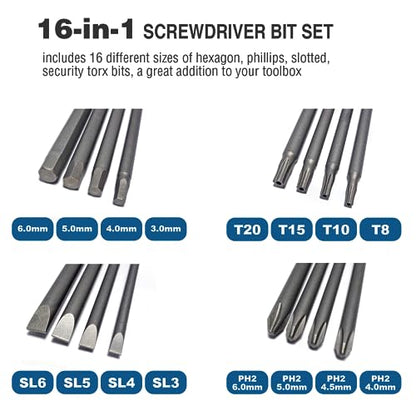 VESTTIO 4-in-1 Hex Phillips Slotted Security Torx Long Screwdriver Bits Set with Magnetic 16PCS 1/4 Inch Hex Shank 4 Inch/100 mm Length S2 Steel for Power Screwdriver Drill Impact Driver | 4 Hex 4 Phillips 4 Slotted 4 Security Torx, 1/4 Inch Hex Shank, S2
