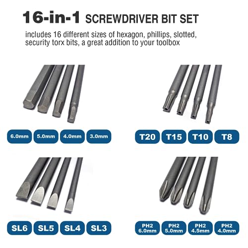 VESTTIO 4-in-1 Hex Phillips Slotted Security Torx Long Screwdriver Bits Set with Magnetic 16PCS 1/4 Inch Hex Shank 4 Inch/100 mm Length S2 Steel for Power Screwdriver Drill Impact Driver | Assorted screwdriver bits, S2 alloy steel, 1/4 inch hex shank, mag
