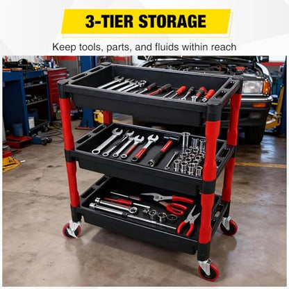 3-Tier Rolling Utility Cart with 4" Swivel Wheels, Heavy-Duty Plastic Tool Cart for Auto Detailing, Garage & Workshop - size: 3-Tier