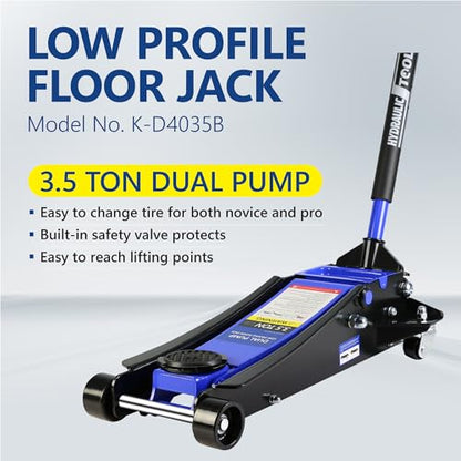 3.5T Low Profile Steel Floor Jack, 7000 lb, Dual Pump, 4"-21" Lift | Heavy-duty steel, dual-piston quick lift, low profile, 4"-21" range, overload safety protection. - size: 3.5T Dual Pump 4"-21"
