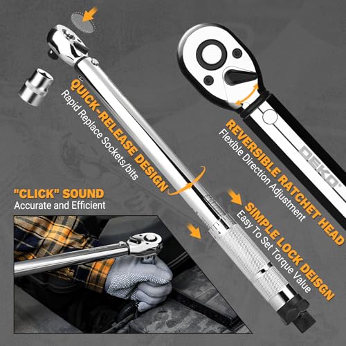 DEKOPRO Torque Wrench 3/8 Inch Drive Click, 5-50 Ft-Lb/6.8-67.8 Nm Torque Wrench, ±3% High Precision, 72 Tooth Torque Wrenches with Dual-Direction Adjustable for Bike Motorcycle and Car Repair - size: 3/8 Inch (5-50 ft.-lb.)