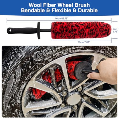 5 Pack Car Wheel and Tire Cleaner Brushes Kit Auto Motorcycle Rim Ultra Soft Microfiber No Spatter Bendable Woolies Bristle Cleaning Set (Red & Black)