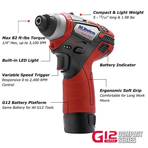 ACDelco ARI12105P G12 Series 12V Cordless Li-ion ¼” 82 ft-lbs. Impact Driver Tool Kit