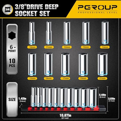 3/8-Inch Drive Deep Socket Set, 10PCS Metric (10-21mm), 6-Point Design,Blue Embossed and Painted Marking, Mirror Chrome Finish,Cr-V Steel With Rail - size: SAE (3/8"-7/8")