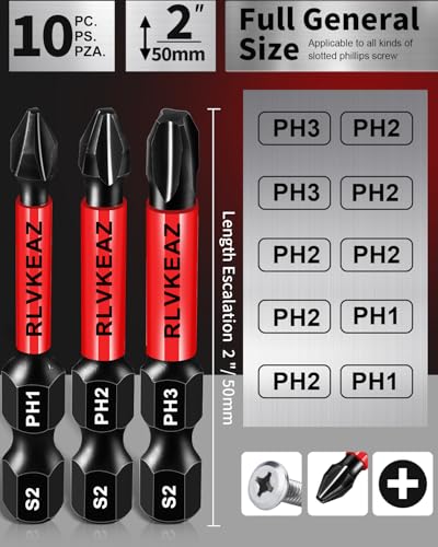 10-Pack Phillips Bits #1#2#3 Impact Magnetic, 2 Inch Phillips Head Drill & Screwdriver Bits Set, Premium S2 Steel, 1/4" Hex-Shank, (PH1/PH2/PH3) for Power Drill, Professional & DIY - style: #1#2#3 phillips bits 10pcs