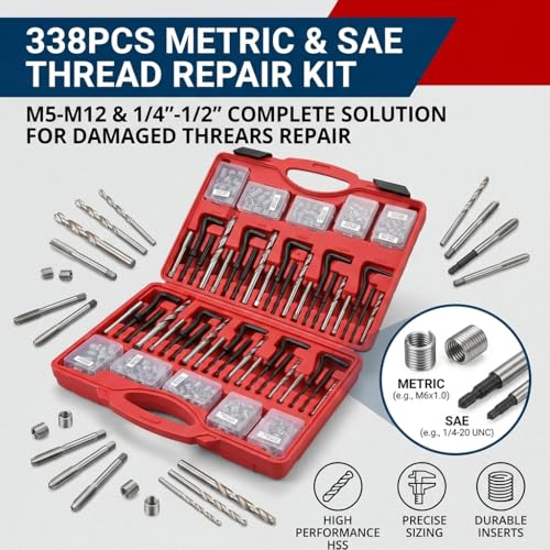 Thread Repair Kit, 338PC Helicoil Repair Kit with Metric & SAE HSS Drill Bit and Wire Thread Inserts, M5 M6 M8 M10 M12 1/4" 5/16" 3/8" 7/16" 1/2" - size: 338PC Metric & SAE