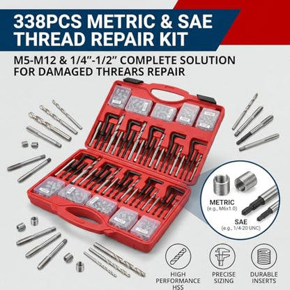 Thread Repair Kit, 338PC Helicoil Repair Kit with Metric & SAE HSS Drill Bit and Wire Thread Inserts, M5 M6 M8 M10 M12 1/4" 5/16" 3/8" 7/16" 1/2" - size: 338PC Metric & SAE