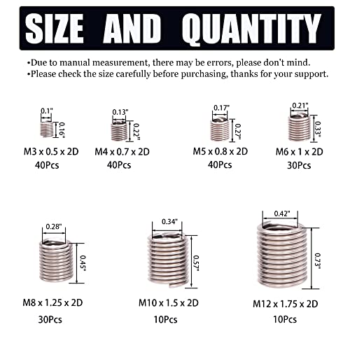 Wire Screw Sleeve Thread Repair Inserts Assortment Kit 304 Stainless Steel Metric M3 M4 M5 M6 M8 M10 M12 Wire Thread Inserts Helical Thread Repair Kit 210Pcs