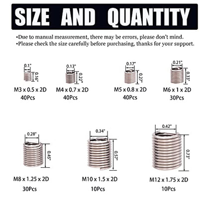 Wire Screw Sleeve Thread Repair Inserts Assortment Kit 304 Stainless Steel Metric M3 M4 M5 M6 M8 M10 M12 Wire Thread Inserts Helical Thread Repair Kit 210Pcs