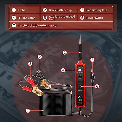 Power Short Circuit Probe Tester, 6V-24V LED Test Light, Short-Circuit Tracking Location and Buzzer Alarm, Automative Circuit Tester with Polarity & Continuity Test Function
